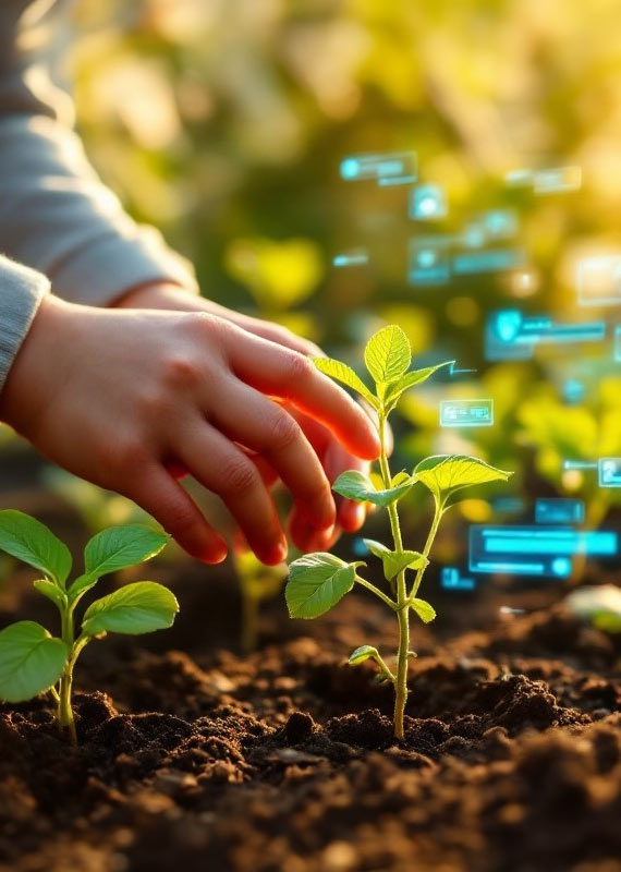 Hands reaching for newly growing plants in soil with digital snippets floating around the plants
